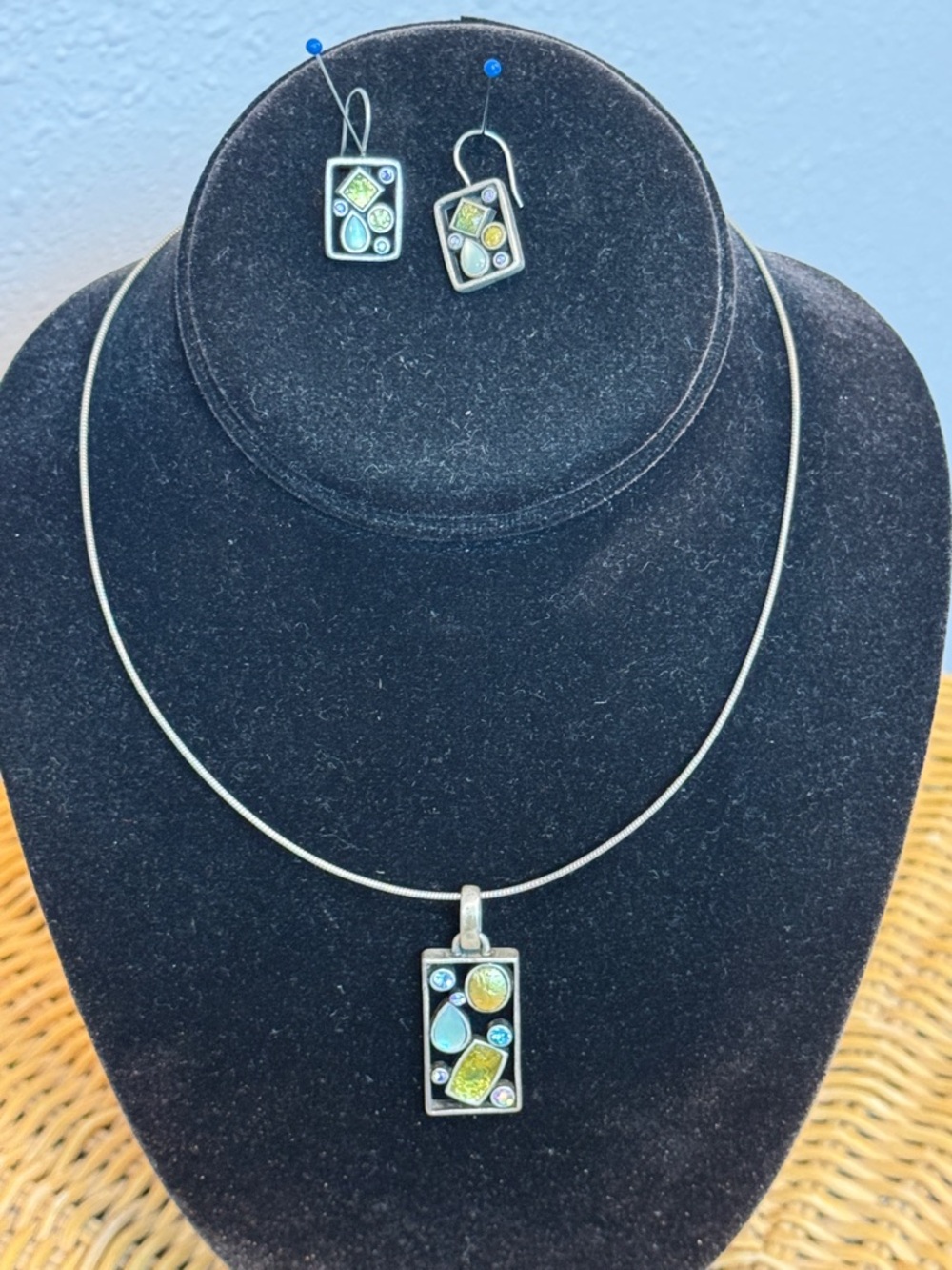 Lia Sophia Mosaic Tile Pendant Necklace and Earrings - Green, Blue, Yellow